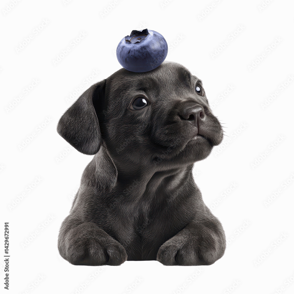 Obraz premium Adorable Black Puppy with Blueberry on Head