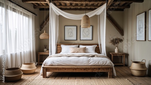Luxury hotel room interior with a comfortable bed, contemporary furniture, and soft light from a window