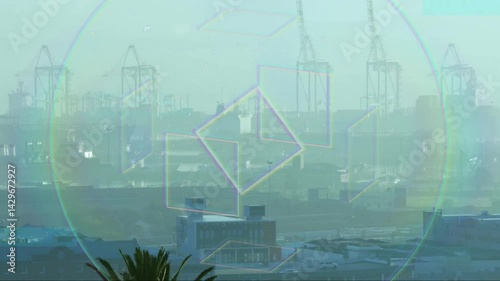 Container cranes rising above dock equipment while neon geometric shapes swirling over hazy port