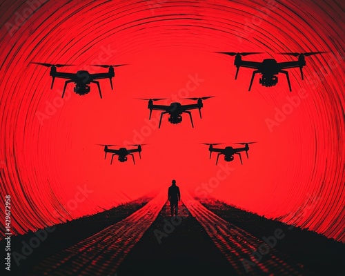 A man is walking down a road with five drones flying above him
