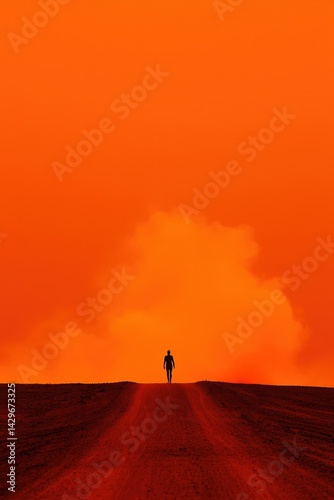 A man is walking on a dirt road in the desert