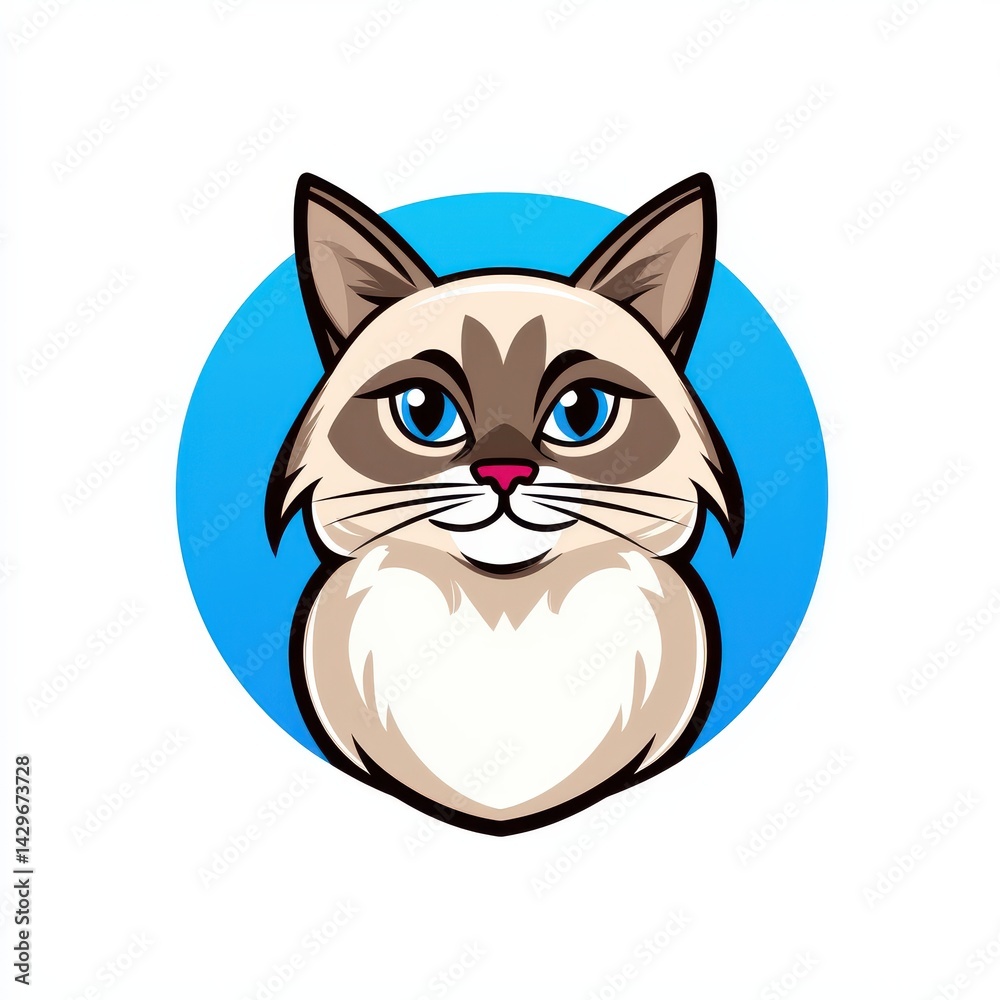 Obraz premium Cartoon illustration of a cat with light beige fur, brown markings, and bright blue eyes looking directly at the viewer