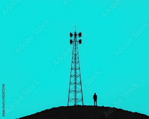 A man stands on a hill looking at a tall tower