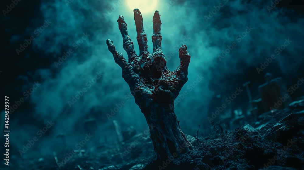 Fototapeta premium A gruesome, decaying zombie hand reaching out from a shadowed graveyard.