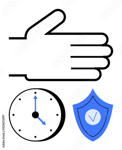 Hand gesture, clock with time indication, and shield with checkmark representing protection. Ideal for time management, security, reliability, trust, punctuality, planning simple landing page