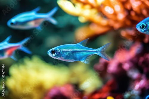 Vibrant blue neon tetras swim amidst colorful coral reef, showcasing their striking beauty and lively nature. photo