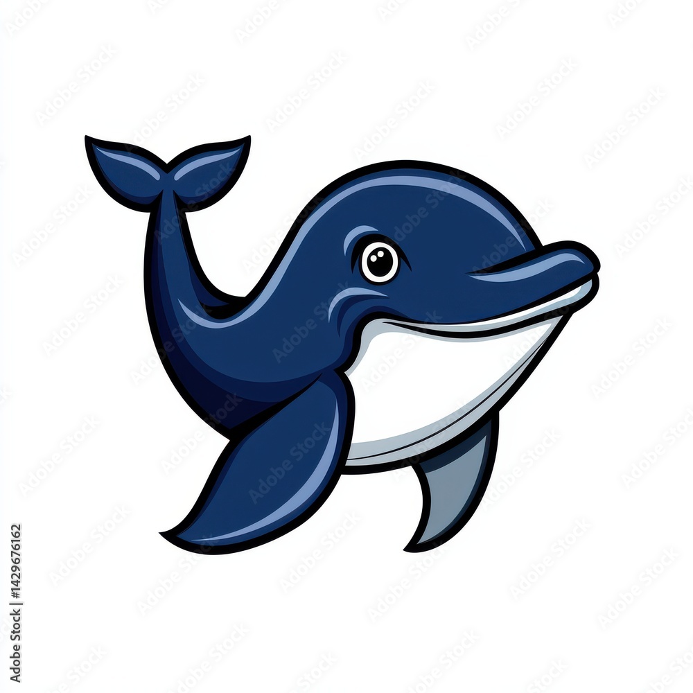 Obraz premium Cartoon dolphin with blue body and smiling mouth on white background