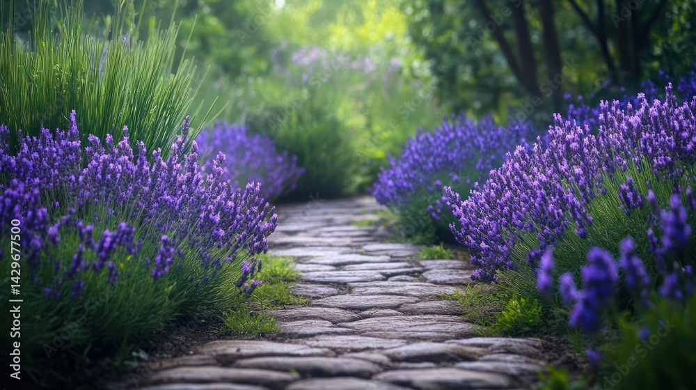 Obraz premium Stone path lavender garden background. Serene flowers for landscaping or relaxation use
