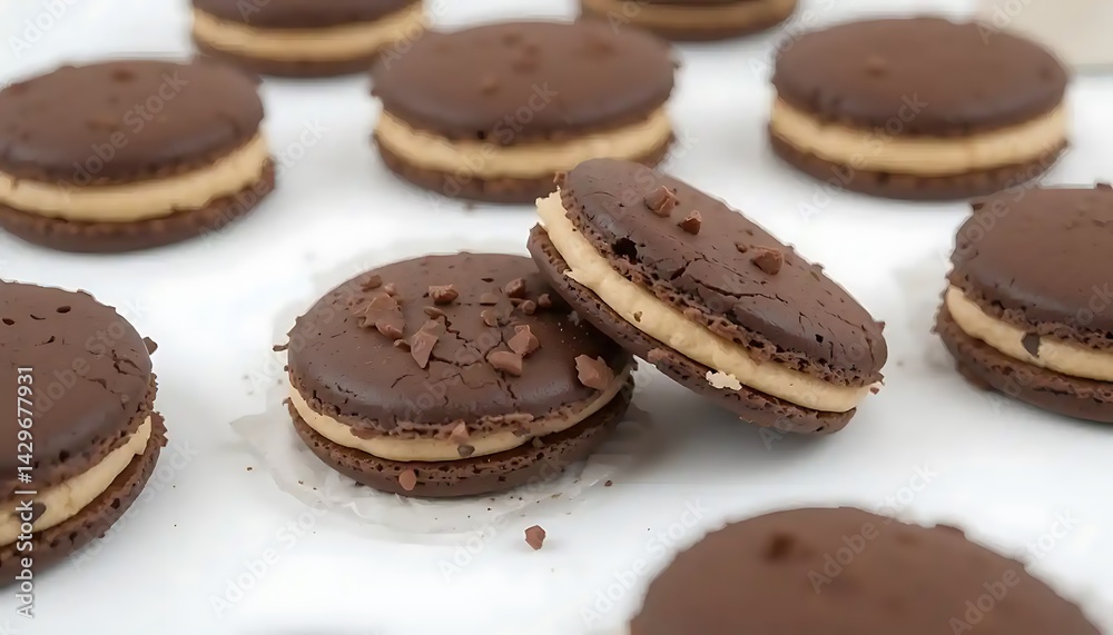 Decadent chocolate macaroons with peanut butter filling close-up arrangement Decadent chocolate macaroons with peanut butter filling close-up arrangement