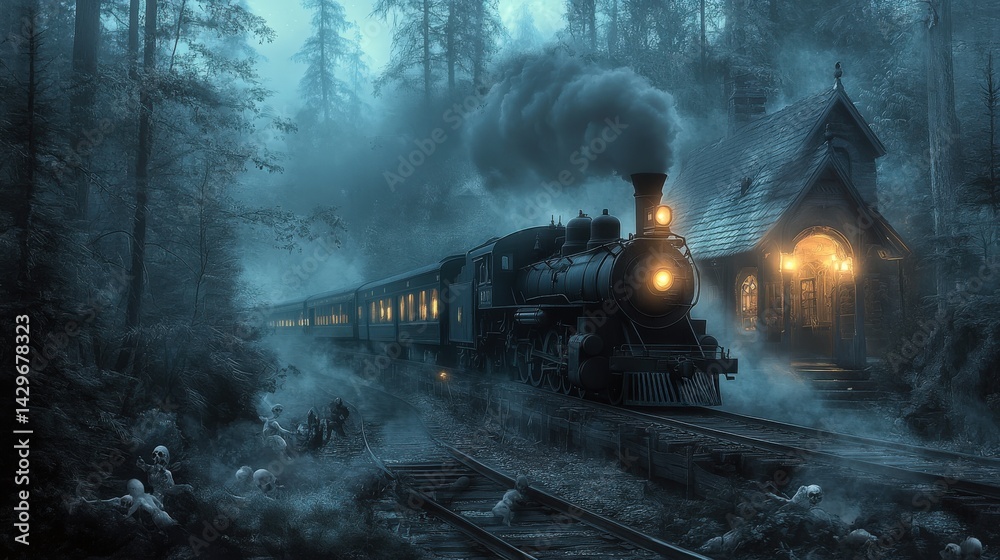 Naklejka premium A steam train traverses a misty, dark forest at night.