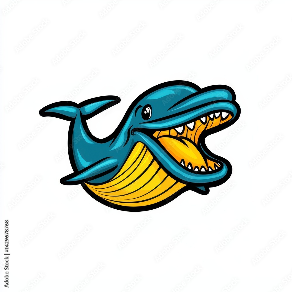 Fototapeta premium Cartoon illustration of a blue dolphin shark hybrid with yellow teeth