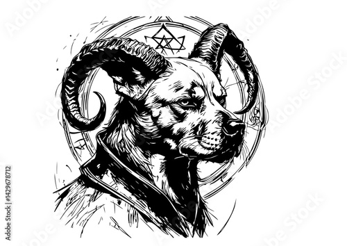 Mythical Horned Beast Head in Black Ink with Rune Circle – Fantasy Tattoo Style Illustration