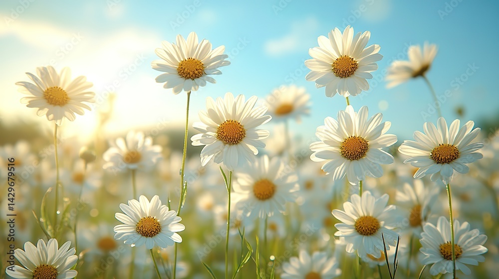 Fototapeta premium A field of white daisies in full bloom under a bright, sunny sky