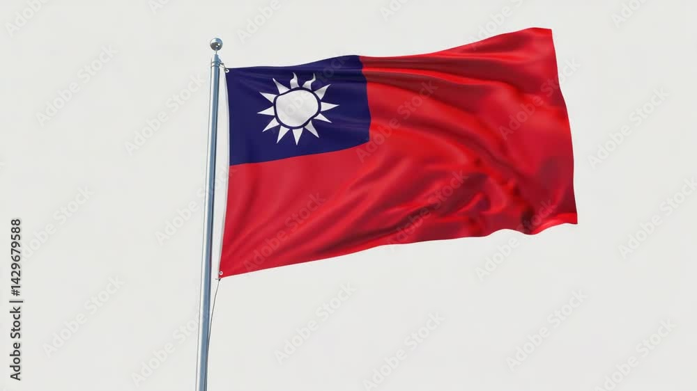 Taiwan Flag Waving on Flagpole - Republic of China National Flag with Blue Canton and White Sun Symbol - Red Background Taiwanese Flag Against white Background. Taiwan Nation flag slow motion video.