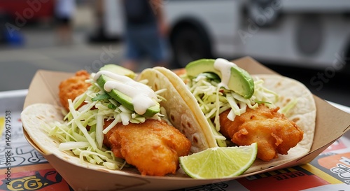Crispy beer-battered fish tacos with lime crema, shredded cabbage, and avocado slices, served on a food truck tray, vibrant street food style