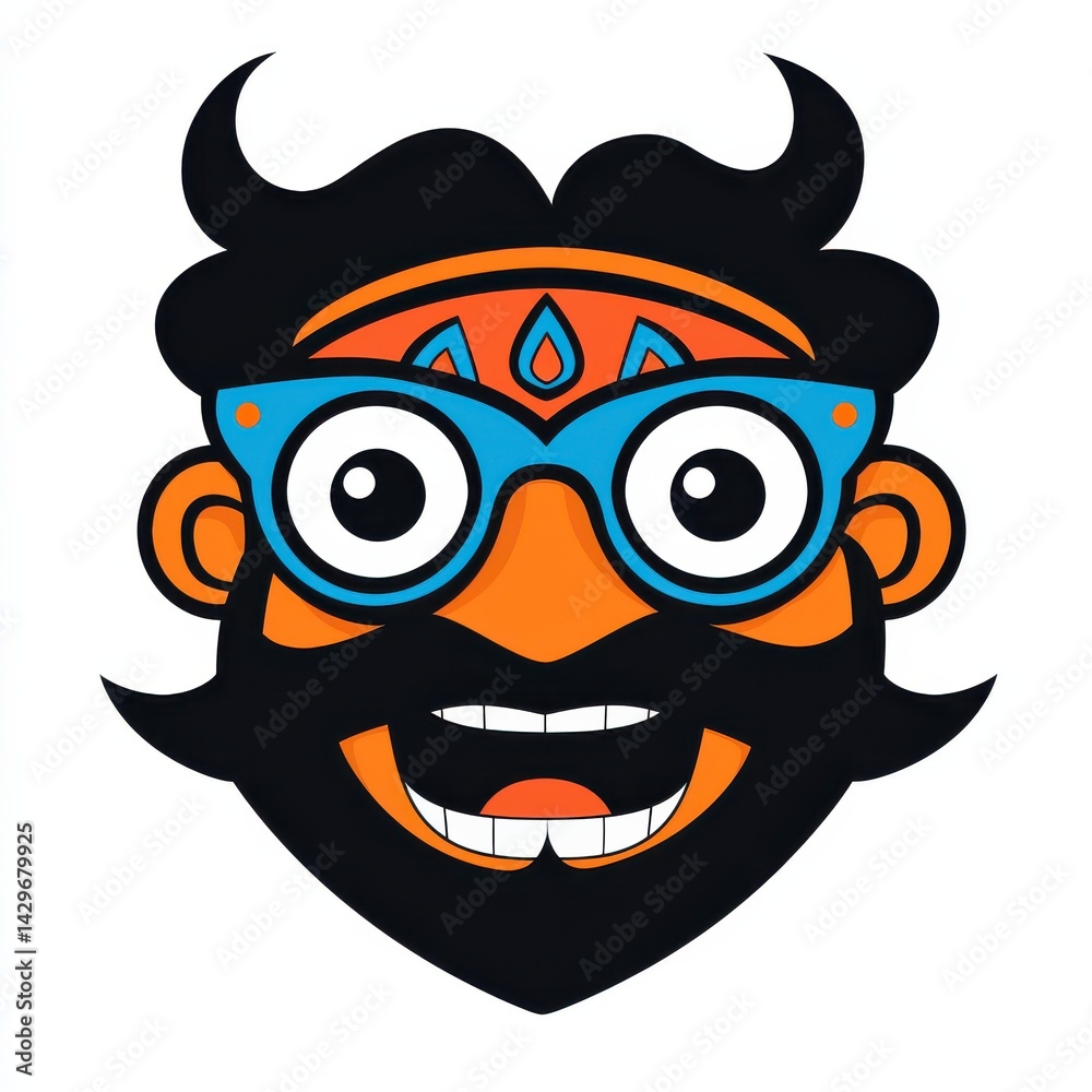 Naklejka premium Whimsical cartoon character with orange skin, black hair, and blue glasses smiling