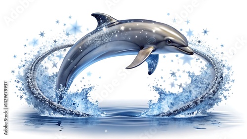 Wallpaper Mural A sleek, silvery dolphin leaps joyfully out of sparkling blue water, surrounded by splashes and shimmering star-like accents. Torontodigital.ca