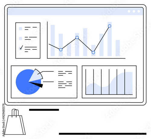 Screen with bar graph, pie chart, line chart, and data table for analytics and shopping bag. Ideal for business, e-commerce, marketing, data visualization, strategy sales performance analysis