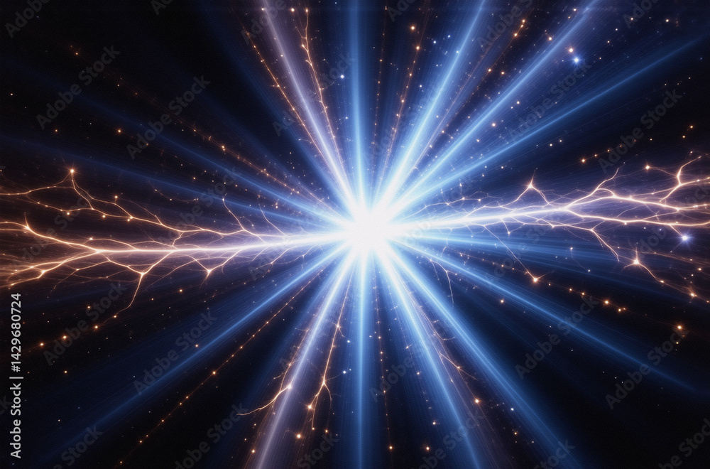 Naklejka premium A radiant burst of light and energy explodes from a central point, branching into streaks of blue and orange across a dark, star-dusted backdrop. The effect is cosmic and dynamic.