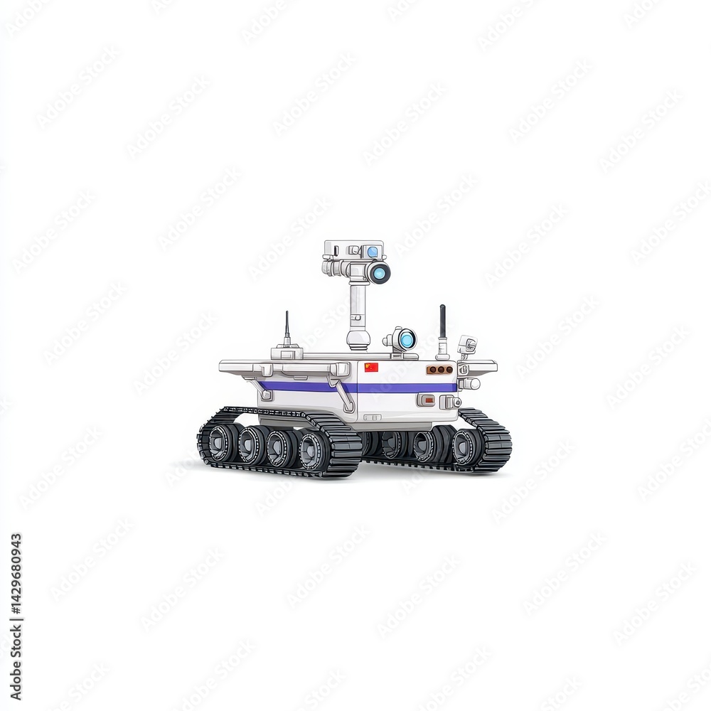 Fototapeta premium Small White Robotic Rover with Camera and Antennas on White Background