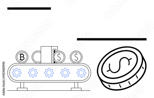 Conveyor belt producing digital coins with gears, Bitcoin, and Dollar signs. Ideal for cryptocurrency, blockchain, finance, automation, fintech, innovation economy simple landing page