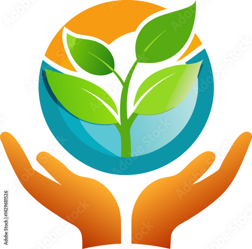 Hands cradling a growing plant within a circular symbol representing nature and care.