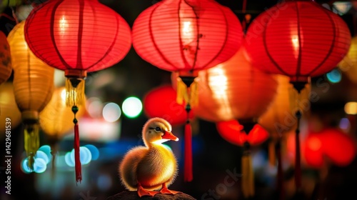 Adorable Duckling Under Glowing Lanterns . happy easter, funny animal, holiday celebration