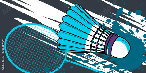 Badminton racket and white shuttlecock with black line. Vector illustration of equipments for badminton game sport isolated on background in flat design. Racket and shuttlecock