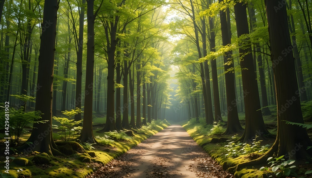 Naklejka premium A magical forest trail surrounded by vibrant green moss and tall trees under soft sunlight