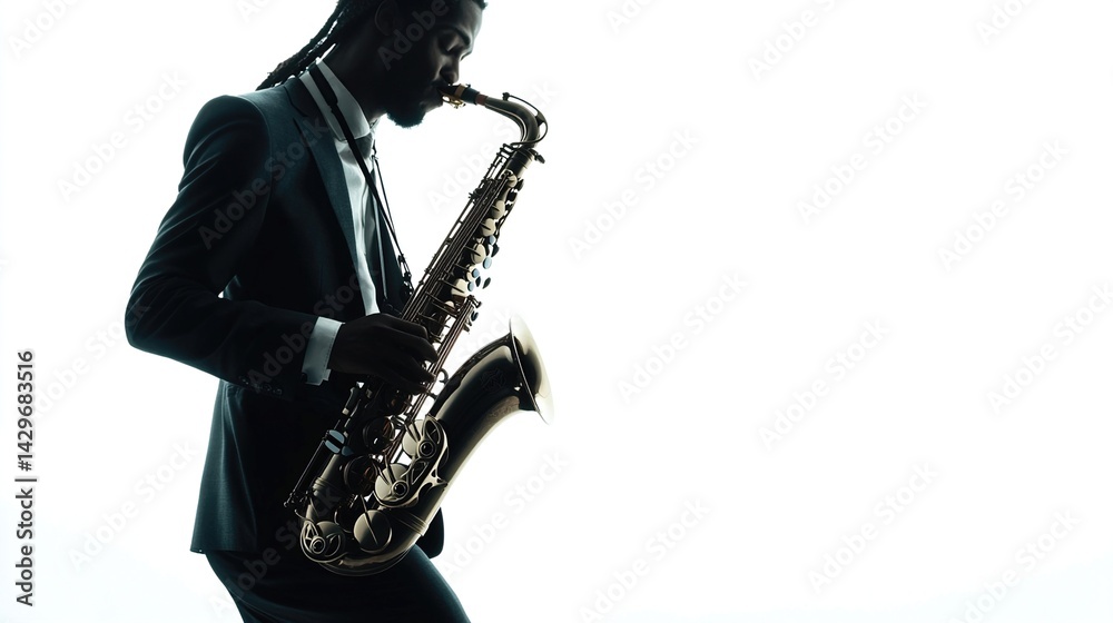 Fototapeta premium Saxophonist in silhouette playing alto saxophone.