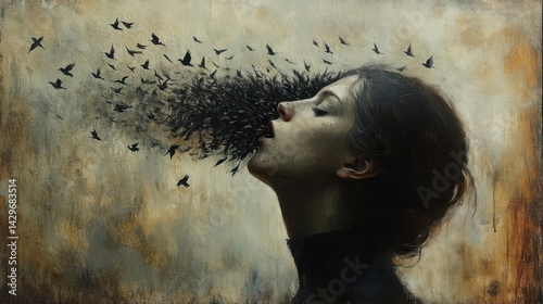 Woman exhales a flock of birds.  A surreal, emotional artwork of a woman releasing a multitude of birds, suggesting a release of emotion or inner turmoil