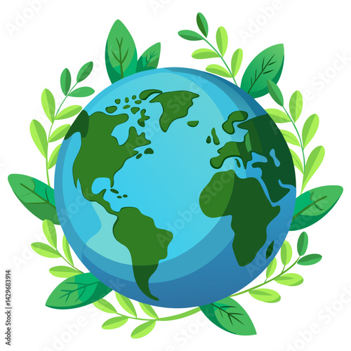 Planet Earth surrounded by green leaves, symbolizing nature and environmental awareness.