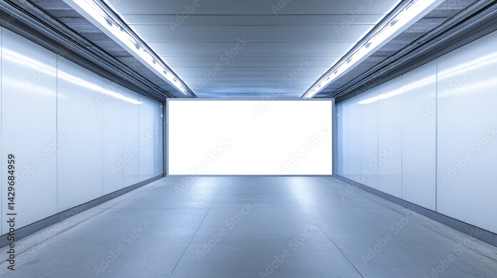 Empty subway tunnel interior, showcasing blank advertising space. Empty subway tunnel interior, showcasing blank advertising space.