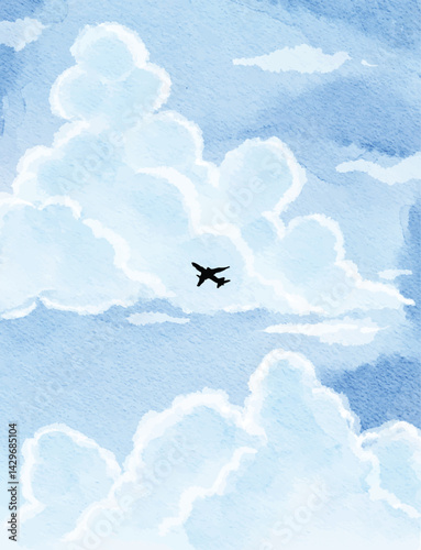 Peaceful watercolor painting of a blue sky filled with fluffy clouds and a flying airplane silhouette, symbolizing travel, freedom, and exploration
