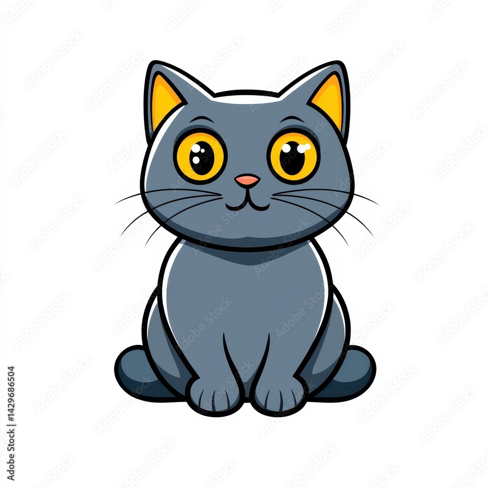 Cartoon illustration of a gray cat with yellow eyes and ears, sitting upright on a white background Cartoon illustration of a gray cat with yellow eyes and ears, sitting upright on a white background