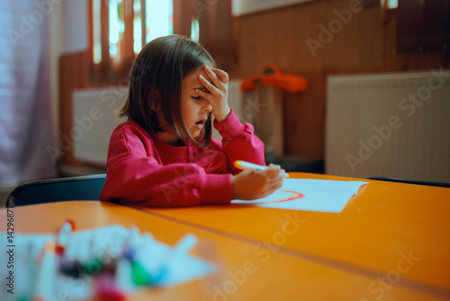 Unhappy Kid Feeling Frustrated with Her Dawning Assignment. Stressed out kid feeling overwhelmed with school tasks 
