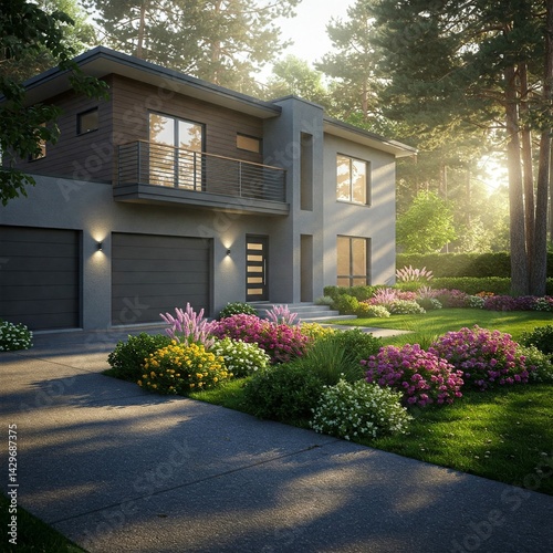 Modern house with gray and wood siding, well-manicured lawn, colorful flowerbeds, and a driveway. Sunlight filters through the trees, creating a seren photo