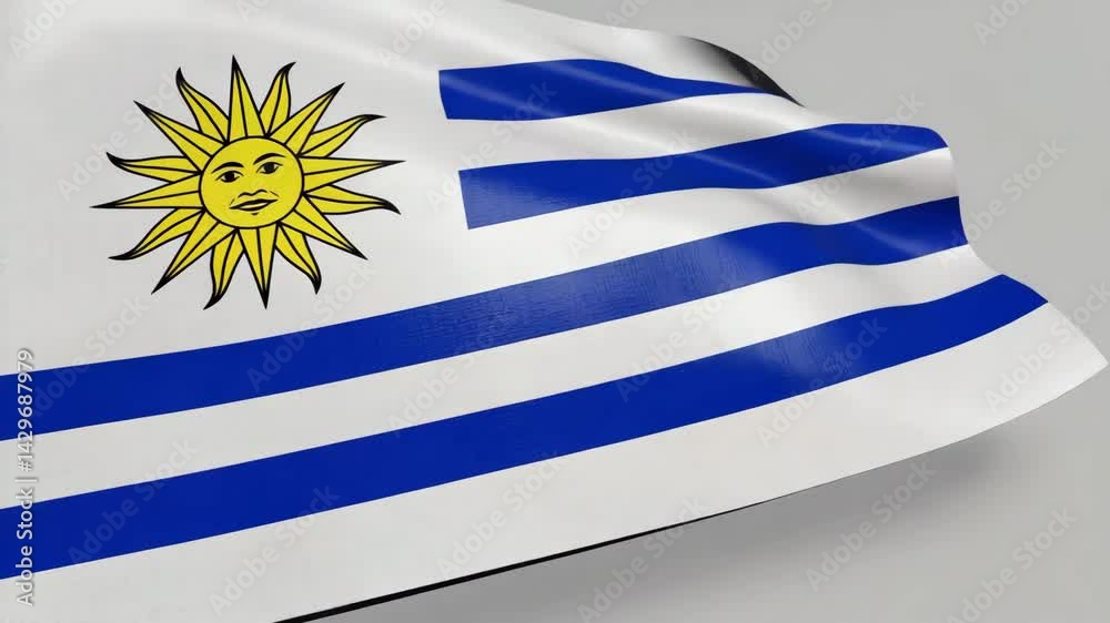 Uruguay flag motion animation. Uruguay flag blowing in the breeze isolated on white background. National Flag of Uruguay Waving on Flagpole with Sun of May Symbol 4k video.