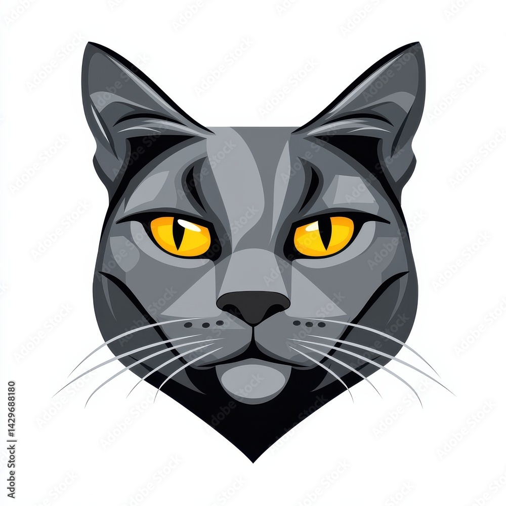 Digital illustration of a cat's face with vivid yellow-orange eyes and gray fur Digital illustration of a cat's face with vivid yellow-orange eyes and gray fur