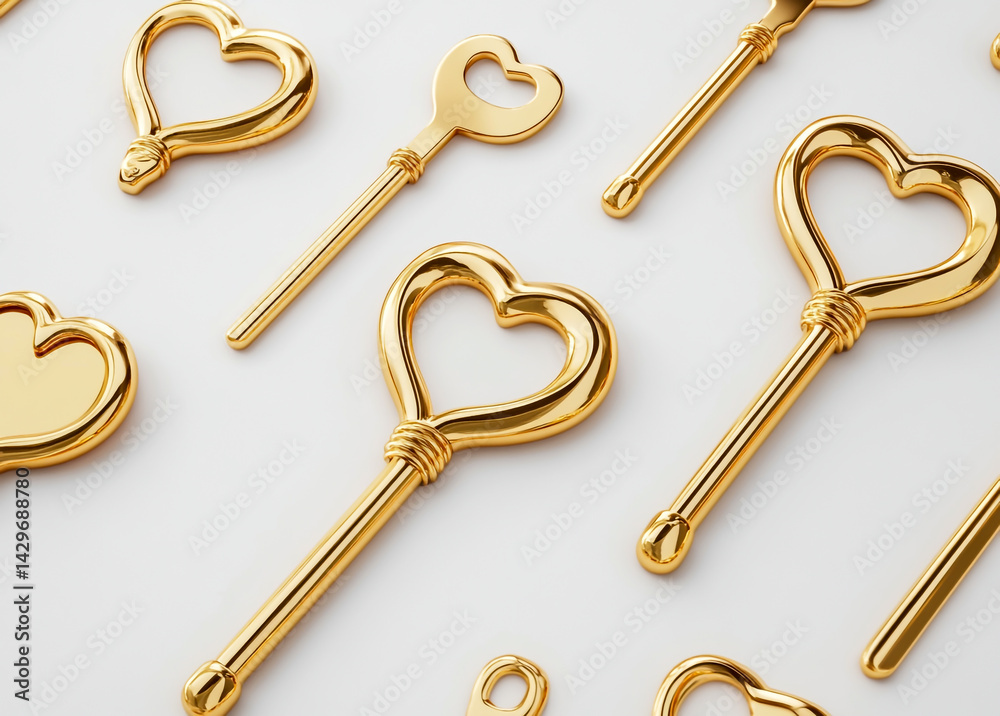 3D of golden heart-shaped keys on a white background. Valentine's Day concept, isolated with and increasing brightness 3D of golden heart-shaped keys on a white background. Valentine's Day concept, isolated with and increasing brightness