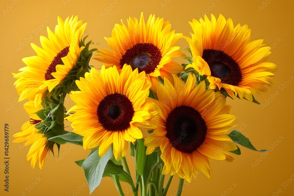 Fototapeta premium A bouquet of bright sunflowers with a yellow background