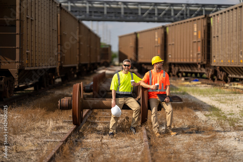Railroad workers in vests and helmets stand next to a freight train on the tracks. Railway maintenance workers using digital tablet. Apprentice railway worker instructed by engineer on railway