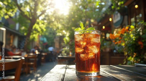 A refreshing glass of iced tea sits on a table in a shady outdoor cafe