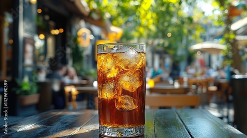 A refreshing glass of iced tea sits on a table in a shady outdoor cafe