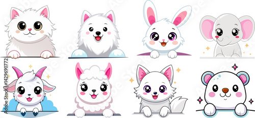 Cute cartoon animal faces: cat, dog, rabbit, elephant, goat, llama, fox, and bear.
