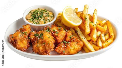 Crispy fried chicken with fries and sauce.