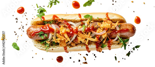Delicious gourmet hot dog with toppings.