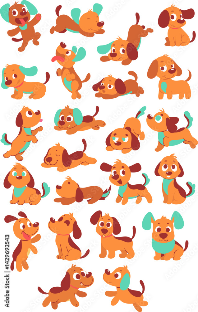 Obraz premium A collection of cartoon dachshund puppies in various playful poses and expressions.