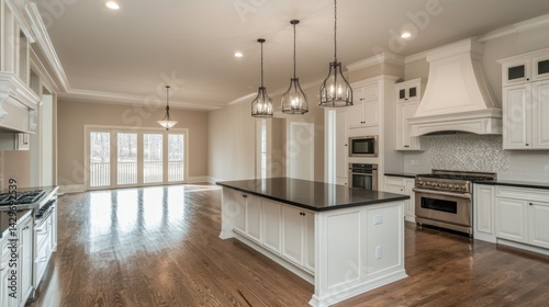 Clean white kitchen featuring glossy cabinets, black stone countertop, and wooden floor