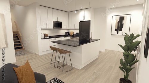Clean white kitchen featuring glossy cabinets, black stone countertop, and wooden floor